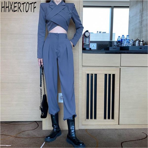 

summer temperament women backless cross long sleeve + high waist pants suits 2 piece sets women's two, White