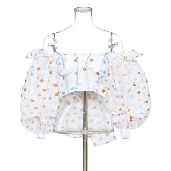 

pants Msxu female trend 21 early spring rainbow polka dot seersucker mesh back loop-up bow top, White