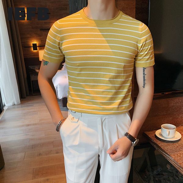 

iefb summer men's ice silk short sleeve striped t-shirt british slim fit round neck casual trend tee 9y6669 210524, White;black