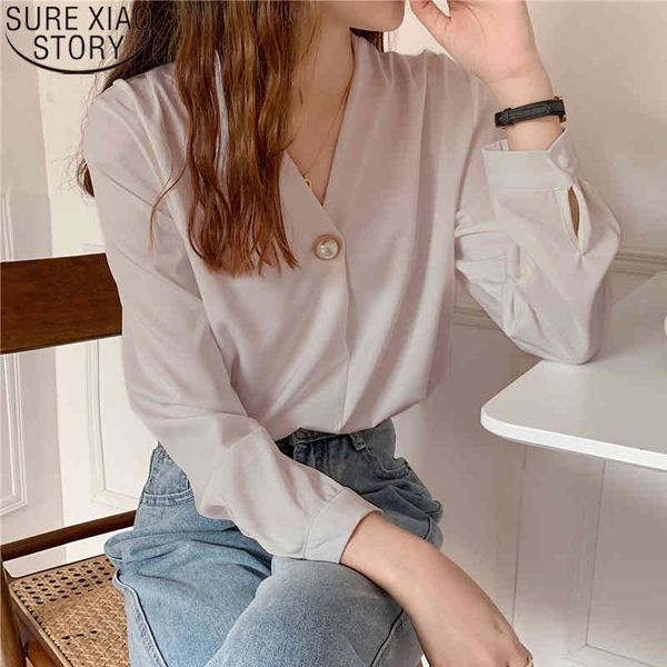 

office lady long sleeve shirts elegant chiffon blouse beading women v-neck plus size loose female clothing 13168 210417, White