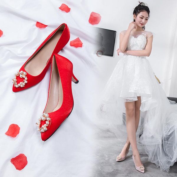 

dress shoes women wedding pumps 5cm high heels spring fashion pointed toe pearl thin heel, Black