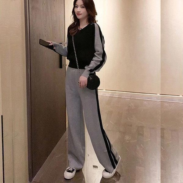 

two piece dress autumn and winter casual sweater women's wool wide-leg pants fashion suits, White