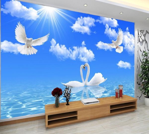 

wallpapers 3d custom blue sky clouds landscape tv background wall pigeons swan family living room decoration wallpaper