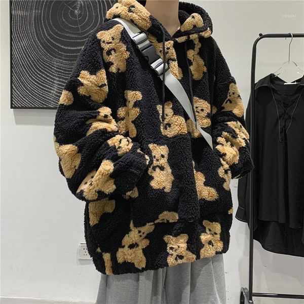 

men's hoodies & sweatshirts hip hop lambswool jacket bear print pullover men harajuku streetwear loose hooded couple coat outwear winte, Black