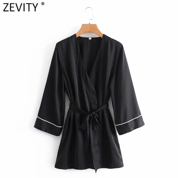 

zevity women vintage cross v neck solid casual slim lace up kimono mini dress ladies chic long sleeve sashes vestido ds4964 210419, Black;gray