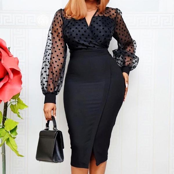 

casual dresses elegant v-neck sheer mesh polka dot office bodycon women slim split party dress african modest celebrate occassion, Black;gray