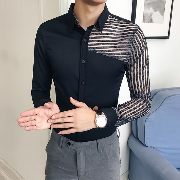 

mens see through lace hollow shirts long sleeve spring male shirts casual slim fit night club, White;black