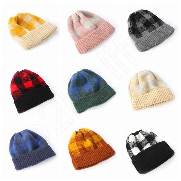 

brand cap winter knitted plaid hat parent-child warm soft parents kids check s outdoor slouchy s hha482, Blue;gray