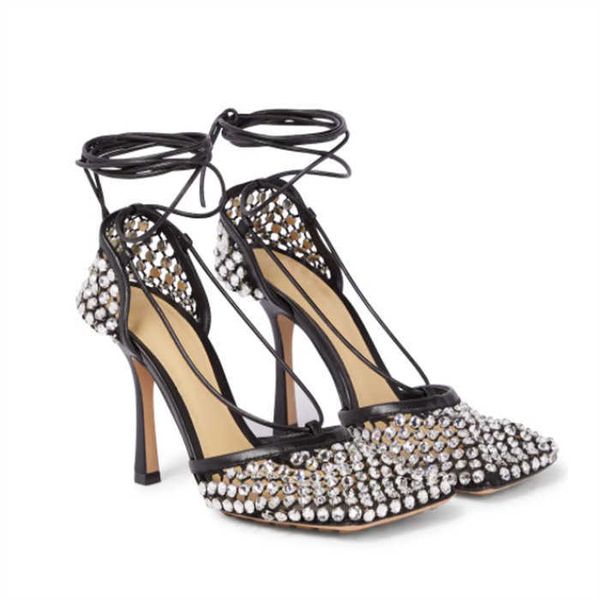

high autumn mesh heel diamond sandals ladies open toe dress shoes, Black