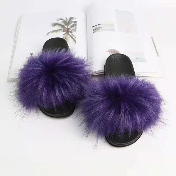 

home furry flat slippers sandals women solid color faux fur slides summer casual plush flip flops luxury fluffy house shoes, Black