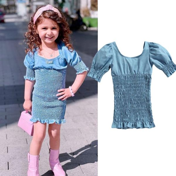 

girl's dresses fashion denim girls dress blue solid color short sleeve square collar close-fitting summer streetwear 1-5y, Red;yellow