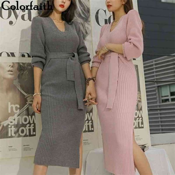

autumn winter women dresses skinny knitting sashes warm split korean style elegant casual female dr3051 210416, Black;gray