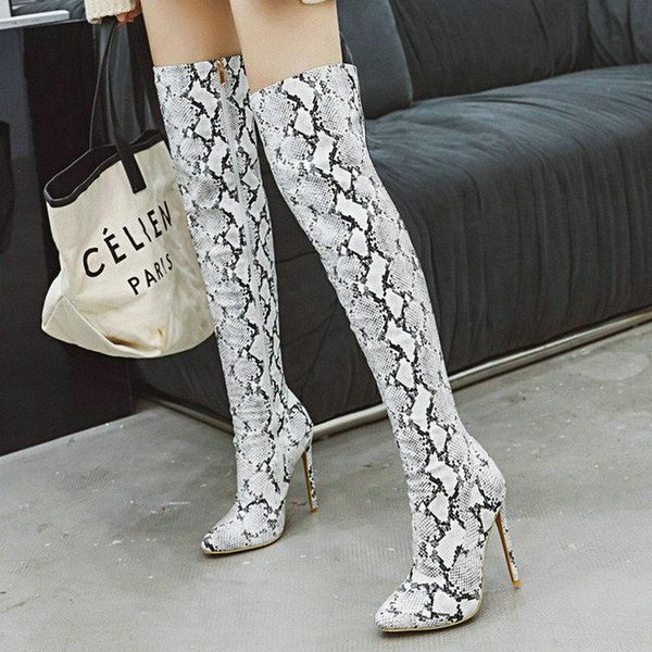 

boots 2021 women over the knee thin heel pointed toe long zipper winter snake print boot, Black