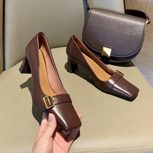 

dress shoes mljuese 2021 women pumps soft cow leather autumn spring buckle strap beige color square toe female high heels, Black