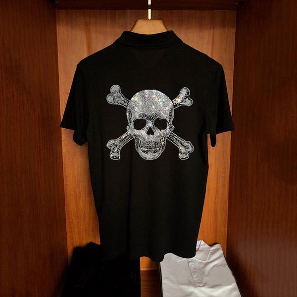 

brand summer shirt pure mens polo cotton young plus size 5xl short sleeve rhinestone skull slim style, White;black