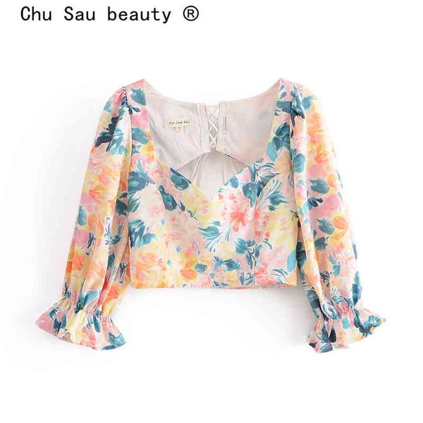 

fashion causal floral print women crop style chic puff sleeve deep v-neck backless summer short blouses 210508, White