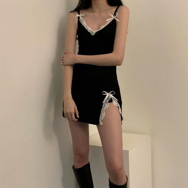 

casual dresses 2021summer strap women dress lace split black sleeveless tight hip party small bow knot solid color package, Black;gray