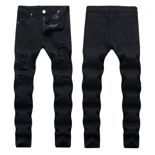 

men's jeans skinny black hole pencil pants motorcycle large size cotton denim, Blue