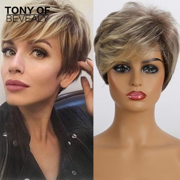 

short straight brown wigs with blonde highlights synthetic side bangs for black women cosplay natural hair1