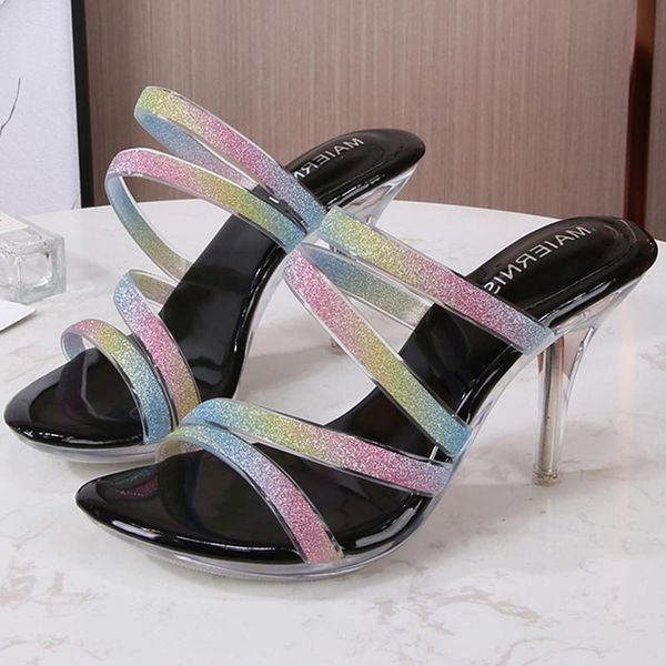 

women stiletto slippers, black high-heeled sandals and slippers transparent