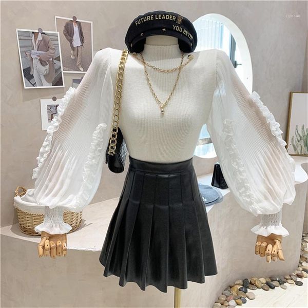 

women's sweaters niche design clothing 2021 autumn bubble long-sleeved stitching knit sweater slim half high collar top, White;black