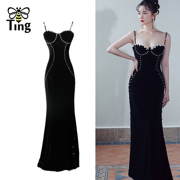 

runway party night black dresses luxury faux pearl beading slim mermaid v neck strap velvet long maxi dress elbise 210513, Black;gray