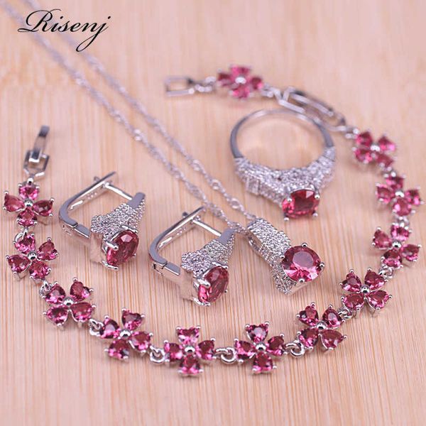 

risenj silver color rose red round jewelry set for women hoop earrings ring necklace bracelet fashion jewelry h1022