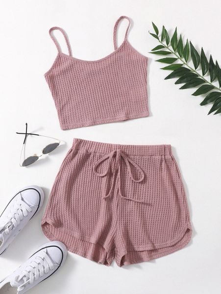 

waffle knit crop cami & knot waist shorts set q1yk#, White