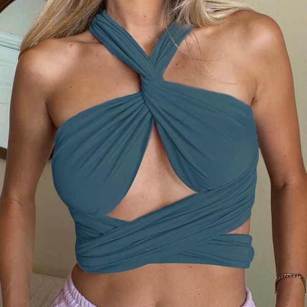 

women's tanks & camis solid color bandage wrap crop women 2021 cross over front cut out halter neck sleeveless backless fashion diy, White