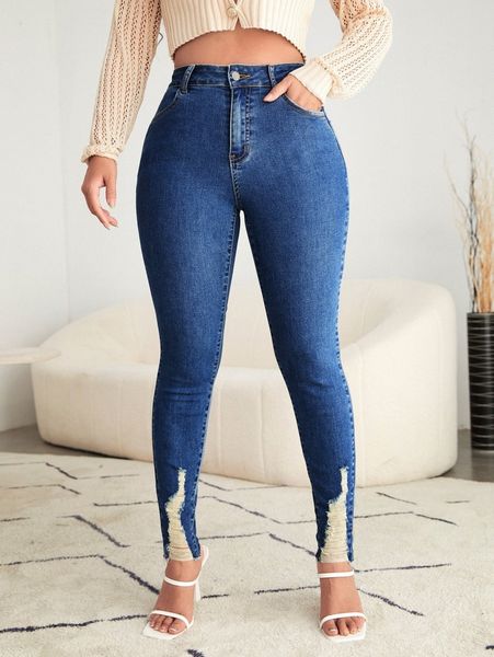 

sxy high waist ripped raw hem skinny jeans y6ek#, Blue