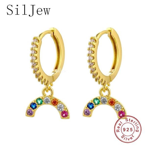 

hoop & huggie siljew 925 sterling silver colored zircon rainbow pendant earrings for women dainty jewelry wholesale 2021 trend, Golden;silver