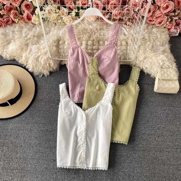 

summer crop hollow lace single-breasted camis for women off shoulder all-match slim fit cami solid color sling ins women's tanks &, White