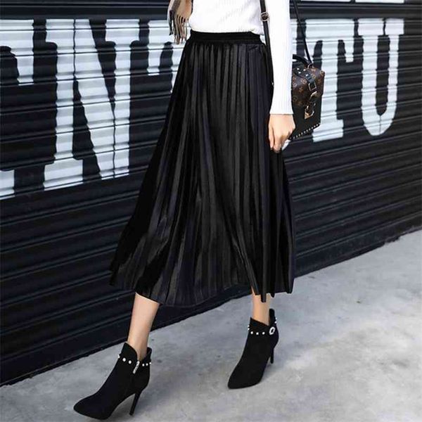 

winter pleated skirt women's autumn vintage velvet black lady faldas mujer moda casual long maxi high waist party skirt 210412