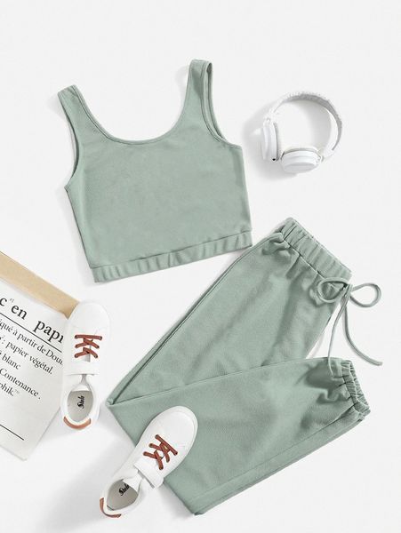 

solid crop tank & sweatpants c6pa#, White