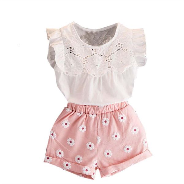

sweet flower flying sleeve girls clothes sets summer mesh cotton vest shorts pants 2pcs casual toddler clohtes for y, White