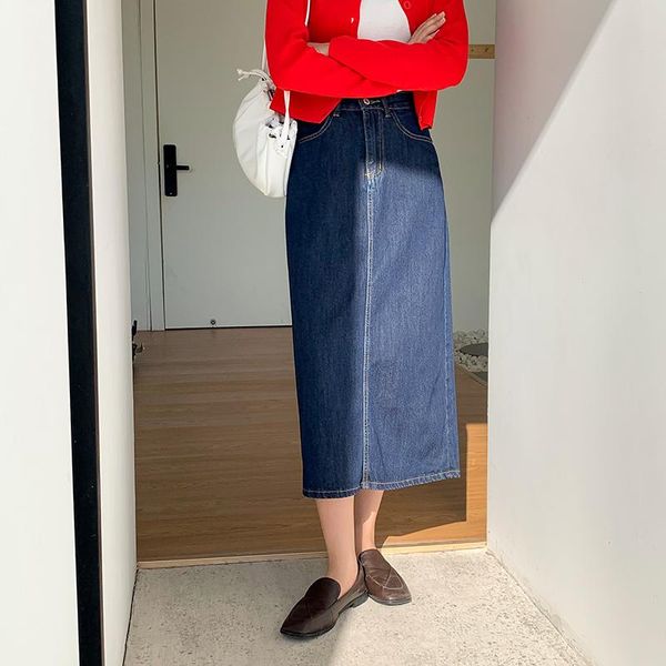 

skirts zhisilao long denim skirt women vintage high waist a-line jean split plus size summer 2021 blue casual elegant, Black