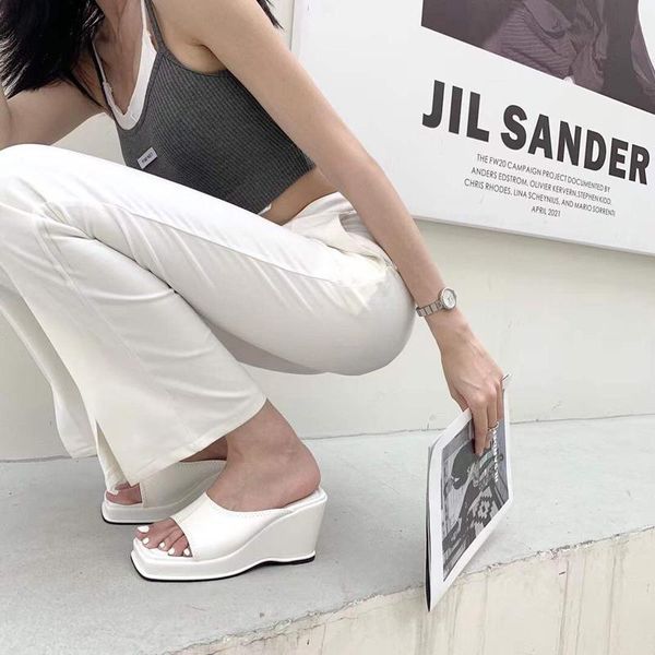 

black women slippers sandals white platform wedge heels casual wedges ladies square toe high heel