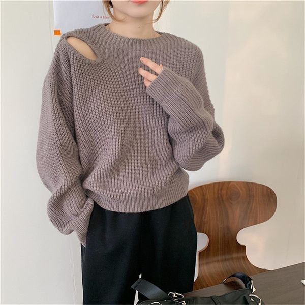 

careful machine off shoulder knitted bottoming shirt 2021 autumn winter new chic design sense hollowed out short sweater for women, White;black