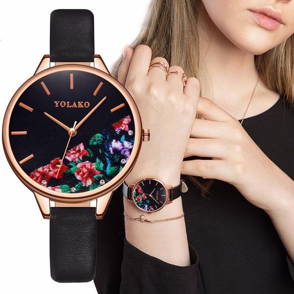 

wristwatches yolako women leather flower watch luxury ladies quartz clock relogio feminino, Slivery;brown