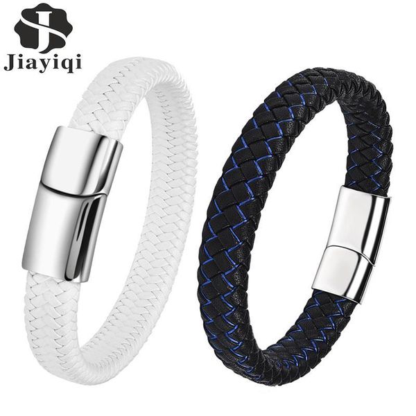 

classic white black braided leather bracelet for men male jewelry stainless steel magnetic clasp bangle fashion man wristband charm bracelet, Golden;silver