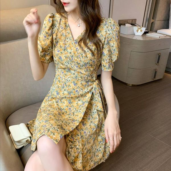 

ethnic clothing kimono 2021 japanese modern style puff sleeve floral printing v-neck slim thin bow lacing dresses fashion sweet girls yukata, Red
