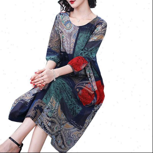 

vintage printing summer women dress o neck plus size three quarter sleeve soft silk dresses elegant woman long vestidos, Black;gray