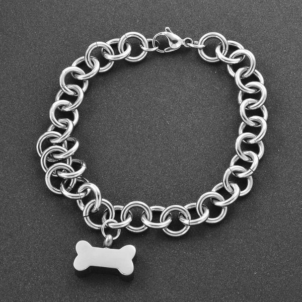 

link chain bracelet bone shaped cremation charm bangles shiny design stainless steel pet ashes holder keepsake jewelry bangle, Black