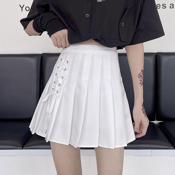 

skirts 2-color strappy pleated skirt women summer streetwear high waist short female plus size mini mujer, Black