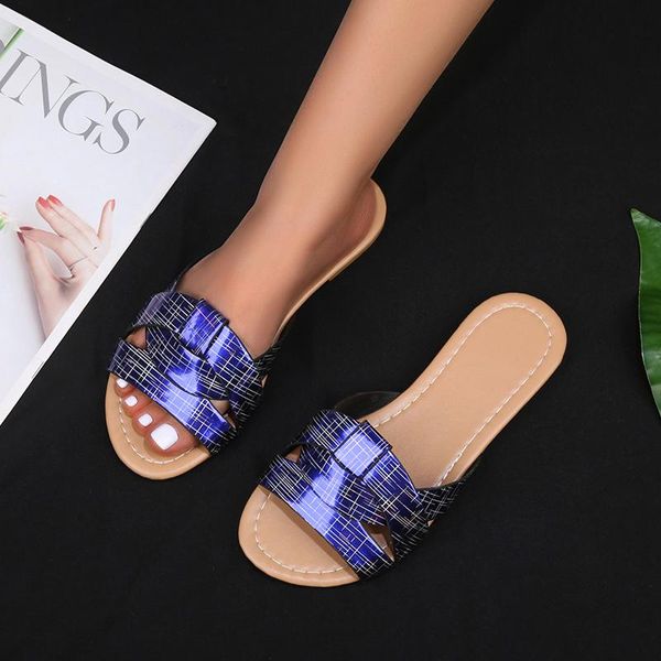 

slippers 2021 arrival women summer sandals ladies sewing beach soft sole square heel flat slides female design blue sandal, Black