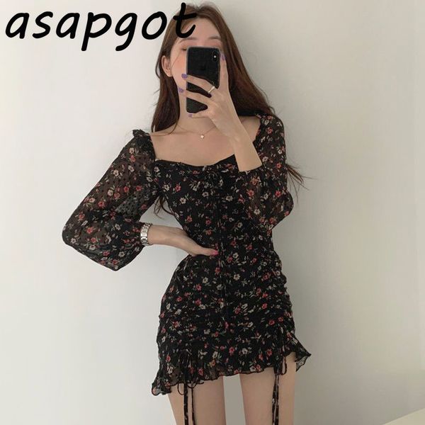 

chic korean sweet lace up waist drawstring black floral dress women mini square neck ruffles spring fashion wild 210429, Black;gray