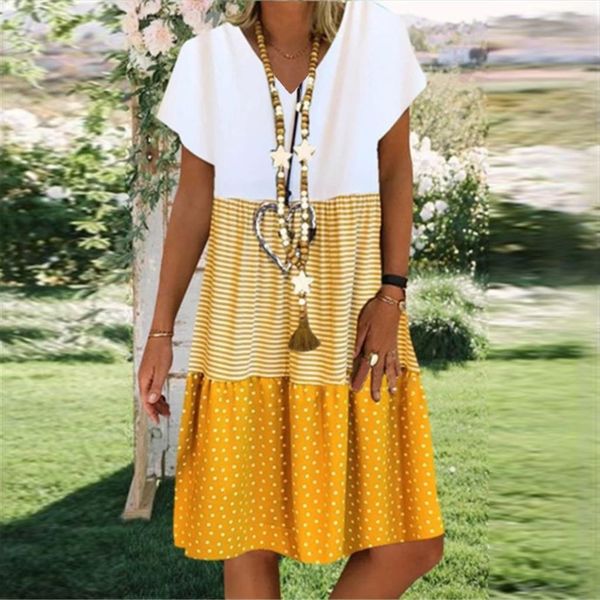 

vintage harajuku casual womens dress plus size stripe dot patchwork v neck short sleeves party summer vestidos de mujer, Black;gray