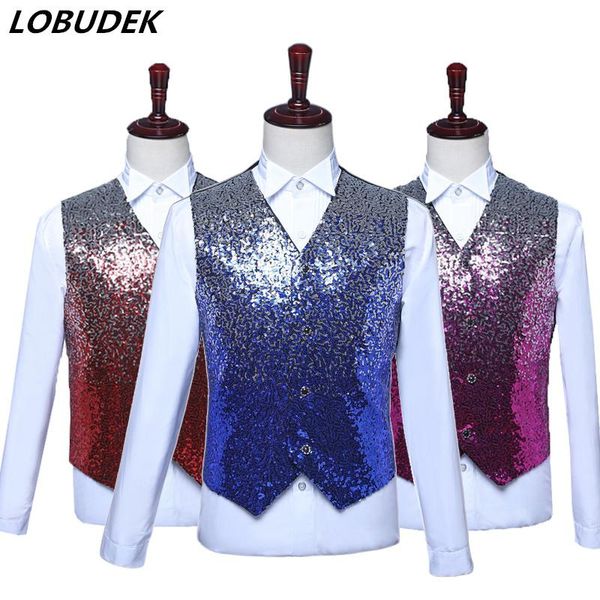 

men's vests gradient sequins waistcoat royal blue shiny paillette glitter vest slim fit v-neck wedding groom bar dj singer costume, Black;white