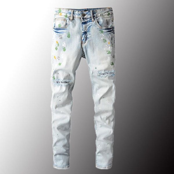 

men's jeans 2021 painted bandanna paisley patchwork streetwear slim skinny stretch denim pencil pants trousers size 40, Blue