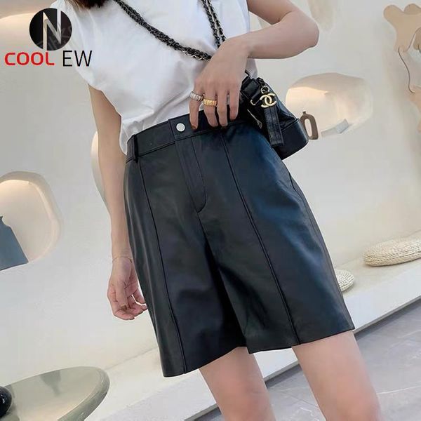 

women's pants & capris 2021 fashion spring and autumn high waist genuine leather short style trouser suits knee length, Black;white